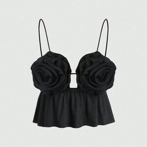 Black Sexy Women's Hollow Out Front Tank Top With 3d Flower Decor